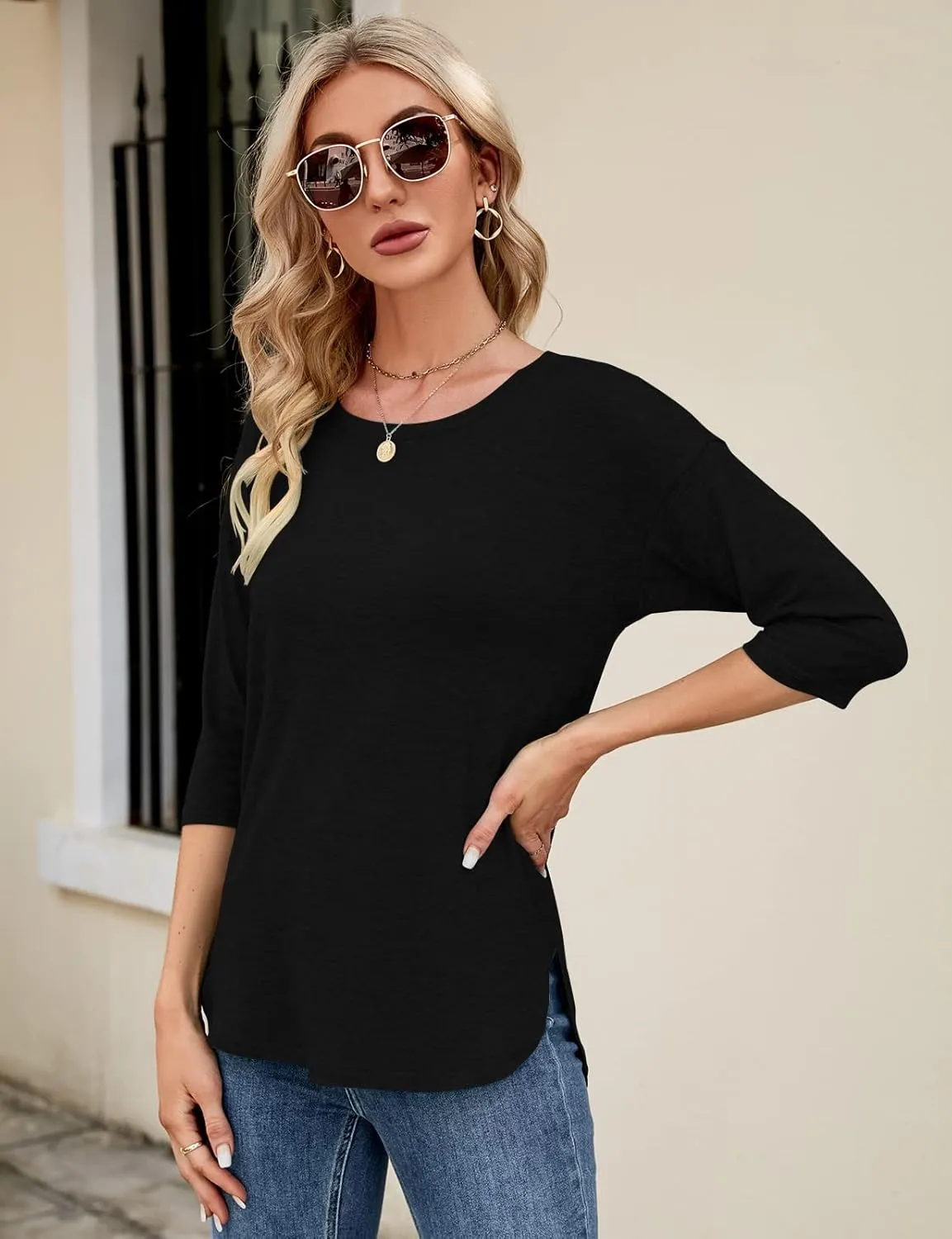 Kancystore Womens Tops 3/4 Sleeve Casual Loose Fit Tunic Tops Scoop Neck T-Shirt