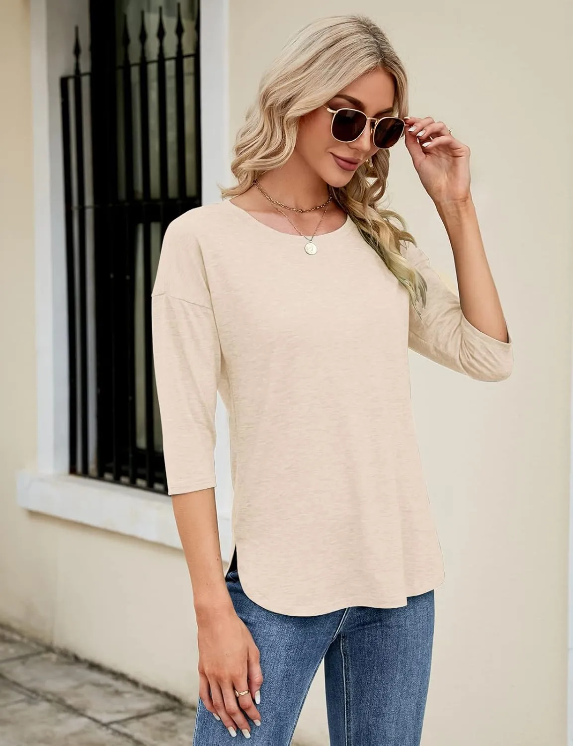 Kancystore Womens Tops 3/4 Sleeve Casual Loose Fit Tunic Tops Scoop Neck T-Shirt