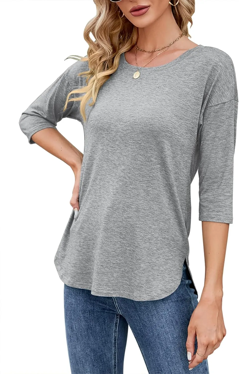 Kancystore Womens Tops 3/4 Sleeve Casual Loose Fit Tunic Tops Scoop Neck T-Shirt