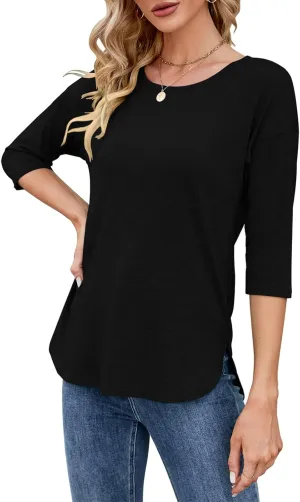 Kancystore Womens Tops 3/4 Sleeve Casual Loose Fit Tunic Tops Scoop Neck T-Shirt