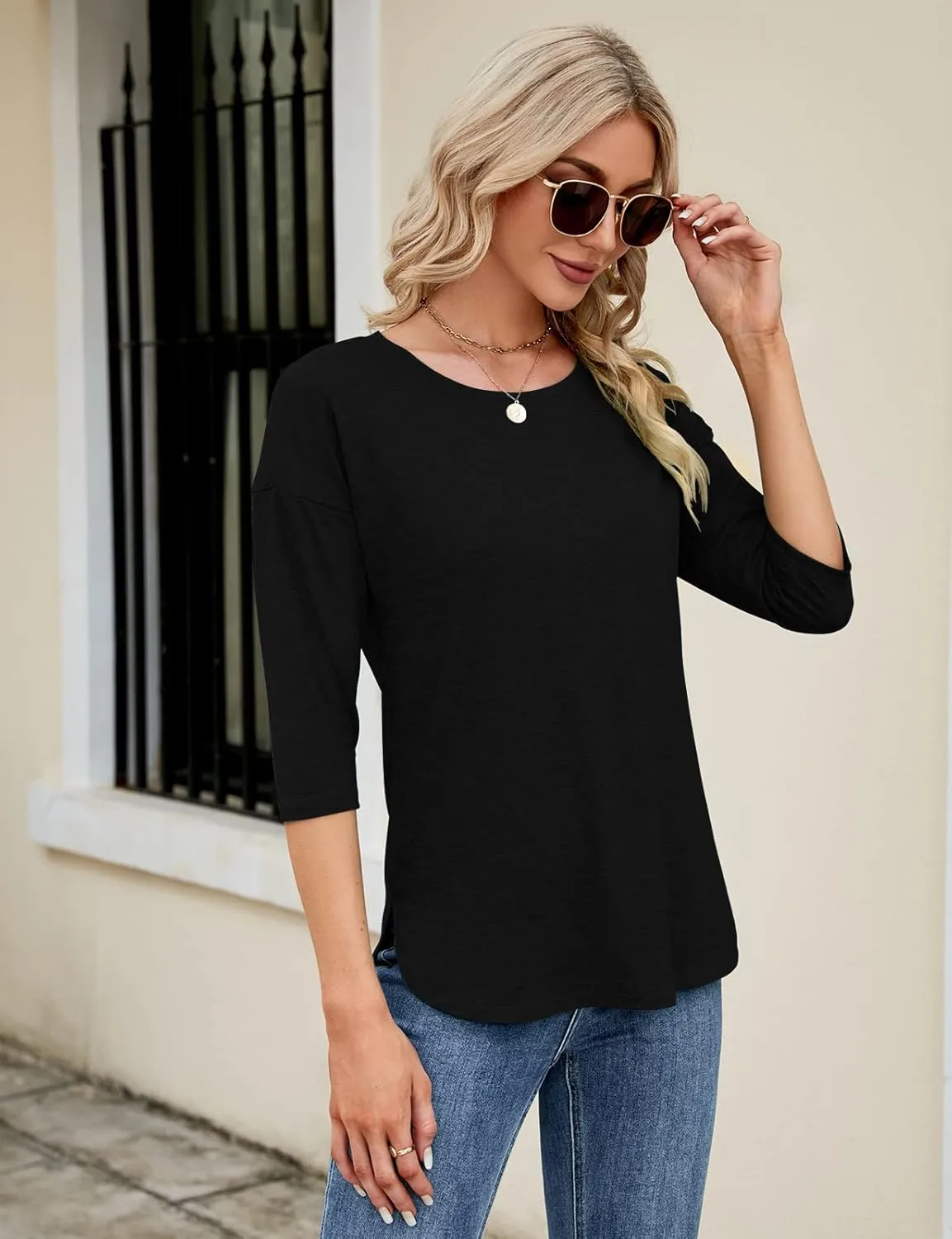 Kancystore Womens Tops 3/4 Sleeve Casual Loose Fit Tunic Tops Scoop Neck T-Shirt