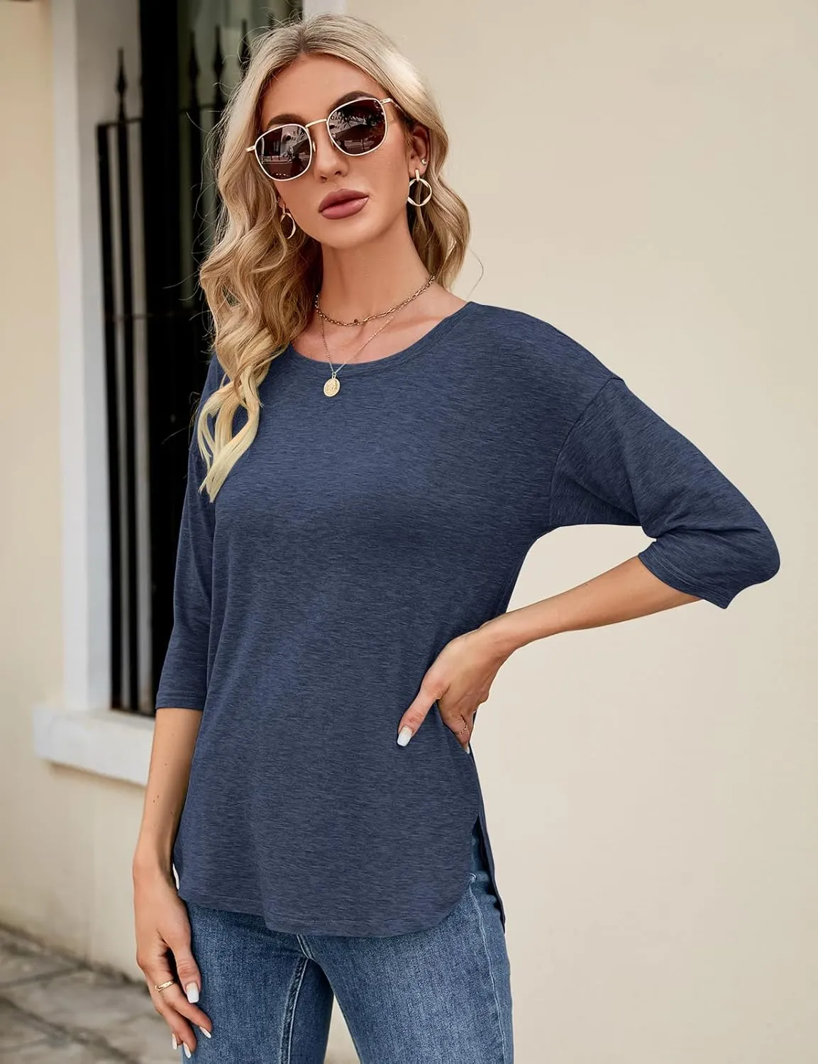 Kancystore Womens Tops 3/4 Sleeve Casual Loose Fit Tunic Tops Scoop Neck T-Shirt