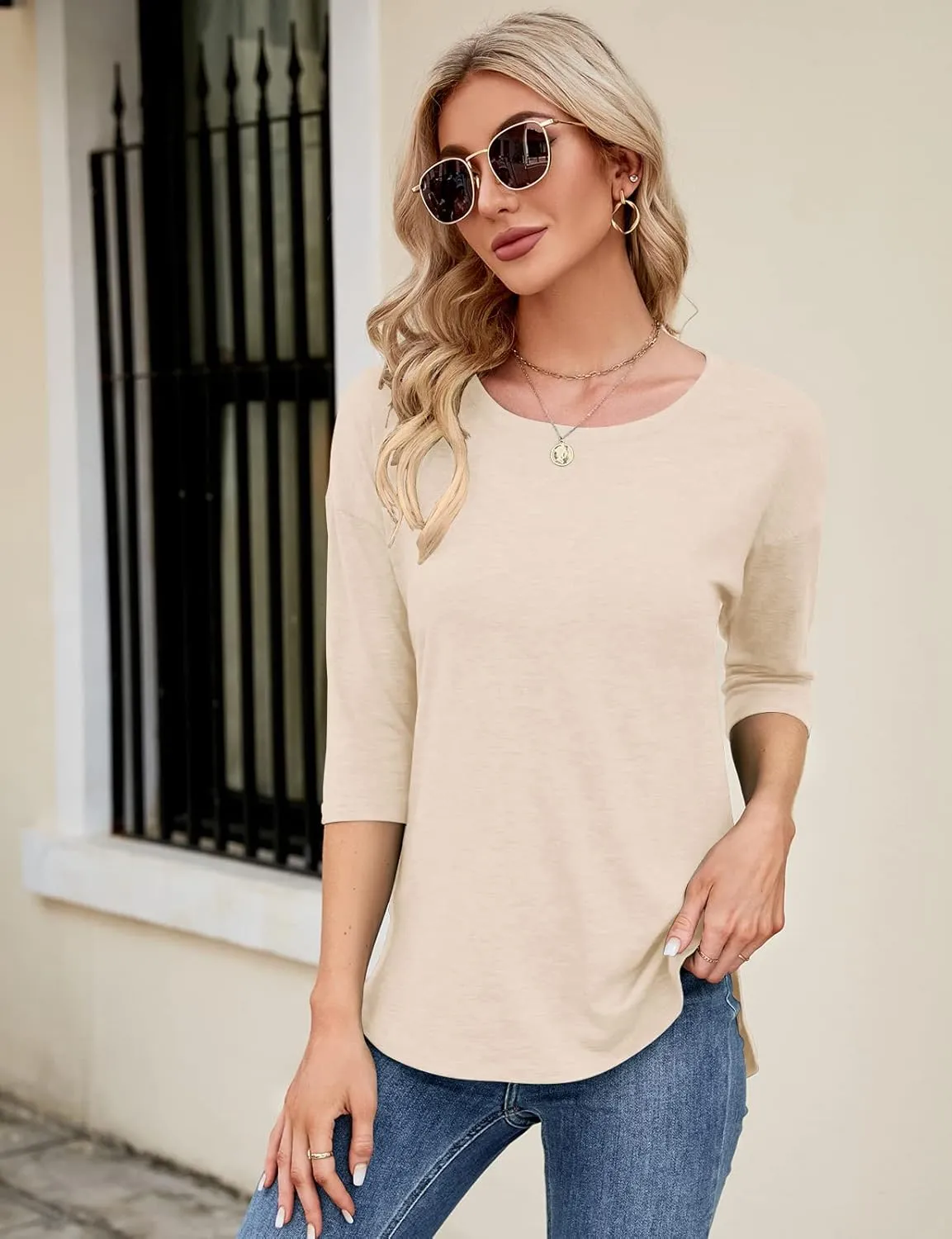 Kancystore Womens Tops 3/4 Sleeve Casual Loose Fit Tunic Tops Scoop Neck T-Shirt