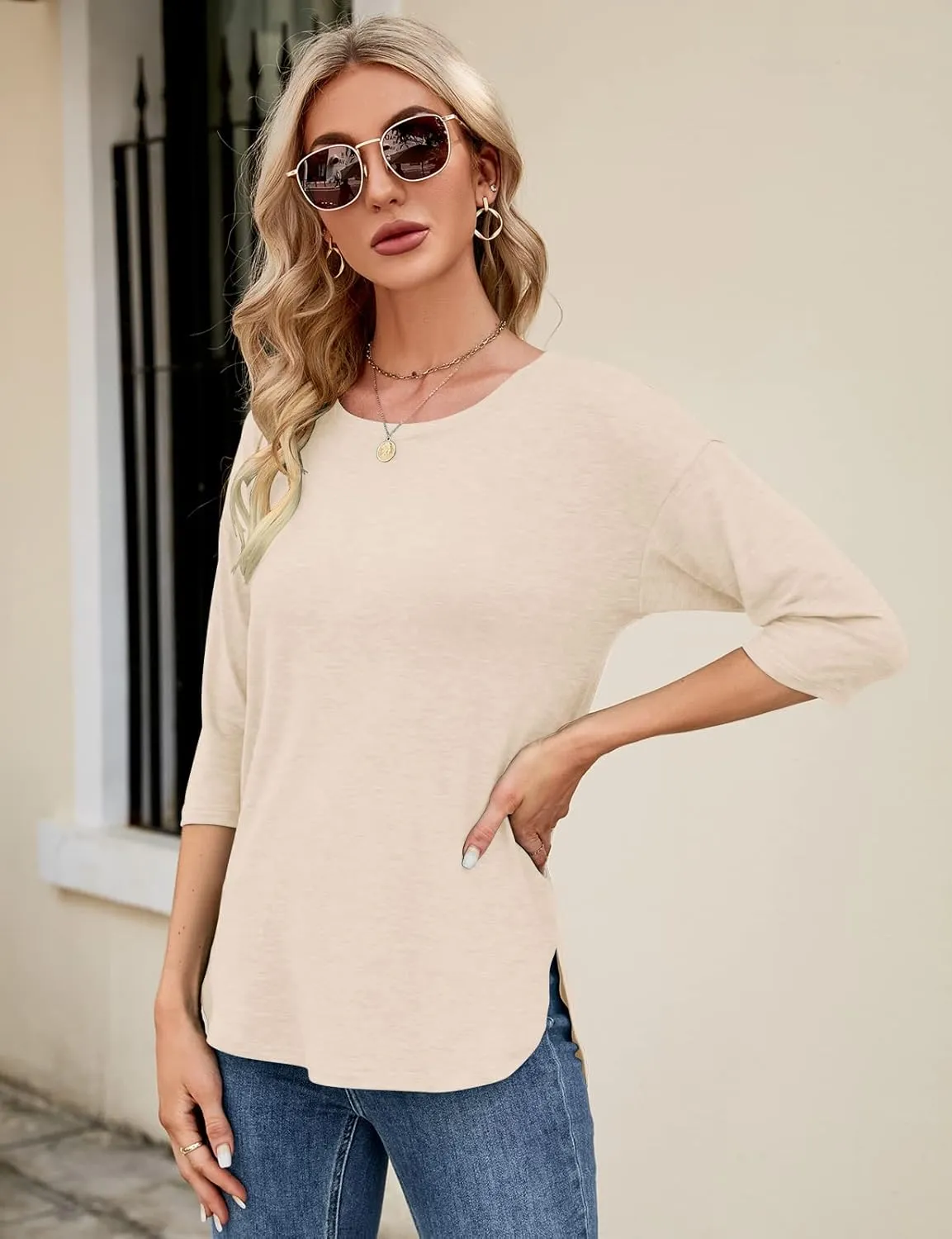 Kancystore Womens Tops 3/4 Sleeve Casual Loose Fit Tunic Tops Scoop Neck T-Shirt