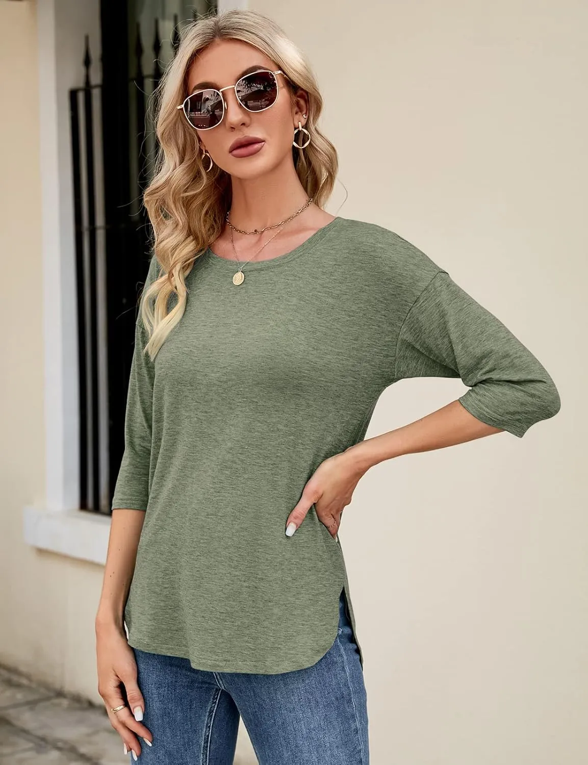 Kancystore Womens Tops 3/4 Sleeve Casual Loose Fit Tunic Tops Scoop Neck T-Shirt