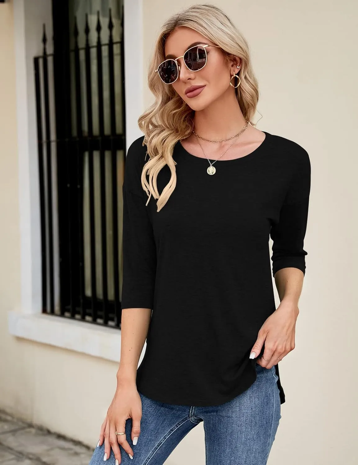 Kancystore Womens Tops 3/4 Sleeve Casual Loose Fit Tunic Tops Scoop Neck T-Shirt
