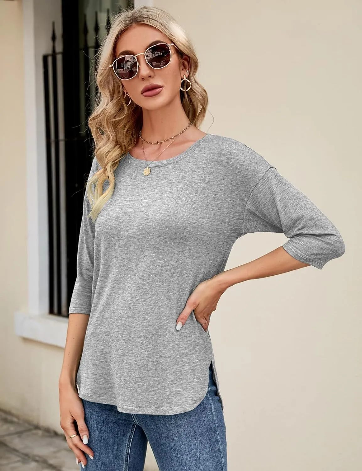 Kancystore Womens Tops 3/4 Sleeve Casual Loose Fit Tunic Tops Scoop Neck T-Shirt