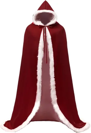 Lemai Long Wedding Cloak with Hooded Cape Winter Fur Trim and Hand Muff 50 55 59 71 Inches (20 Colors)
