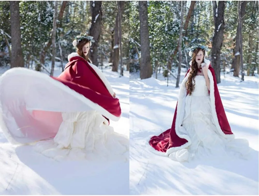 Lemai Long Wedding Cloak with Hooded Cape Winter Fur Trim and Hand Muff 50 55 59 71 Inches (20 Colors)