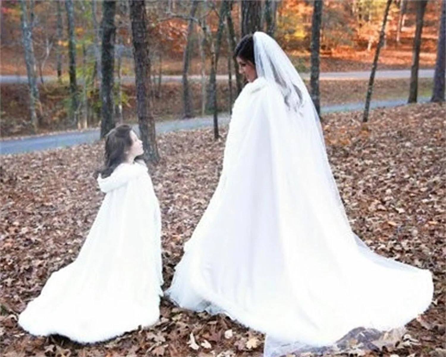 Lemai Long Wedding Cloak with Hooded Cape Winter Fur Trim and Hand Muff 50 55 59 71 Inches (20 Colors)