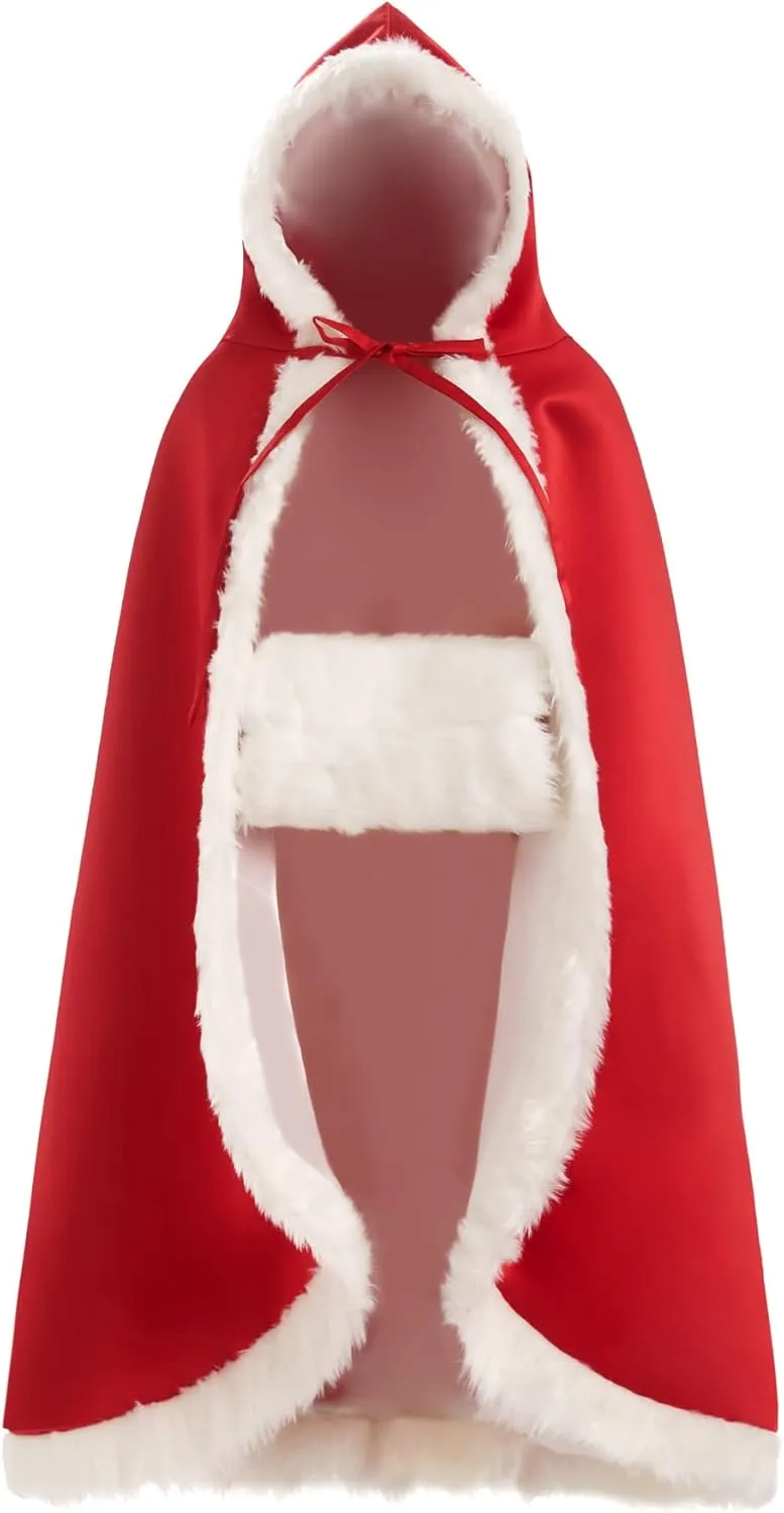 Lemai Long Wedding Cloak with Hooded Cape Winter Fur Trim and Hand Muff 50 55 59 71 Inches (20 Colors)