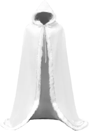 Lemai Long Wedding Cloak with Hooded Cape Winter Fur Trim and Hand Muff 50 55 59 71 Inches (20 Colors)