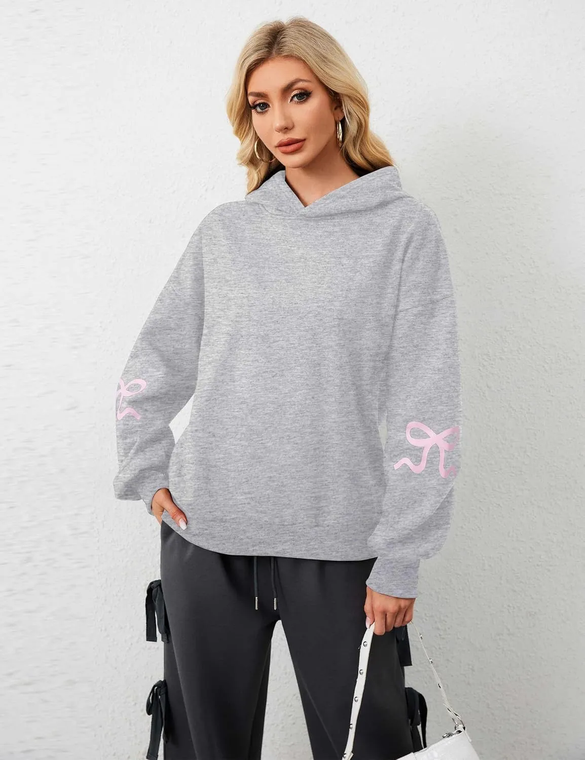 Livtany Women's Bow Trim Print Fleeced Hoodies Oversized Long Sleeve Hooded Sweatshirts Graphic Drop Shoulder Pullover Top