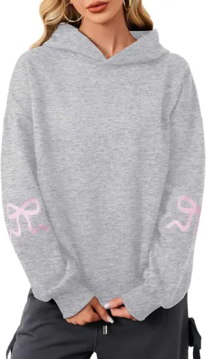 Livtany Women's Bow Trim Print Fleeced Hoodies Oversized Long Sleeve Hooded Sweatshirts Graphic Drop Shoulder Pullover Top