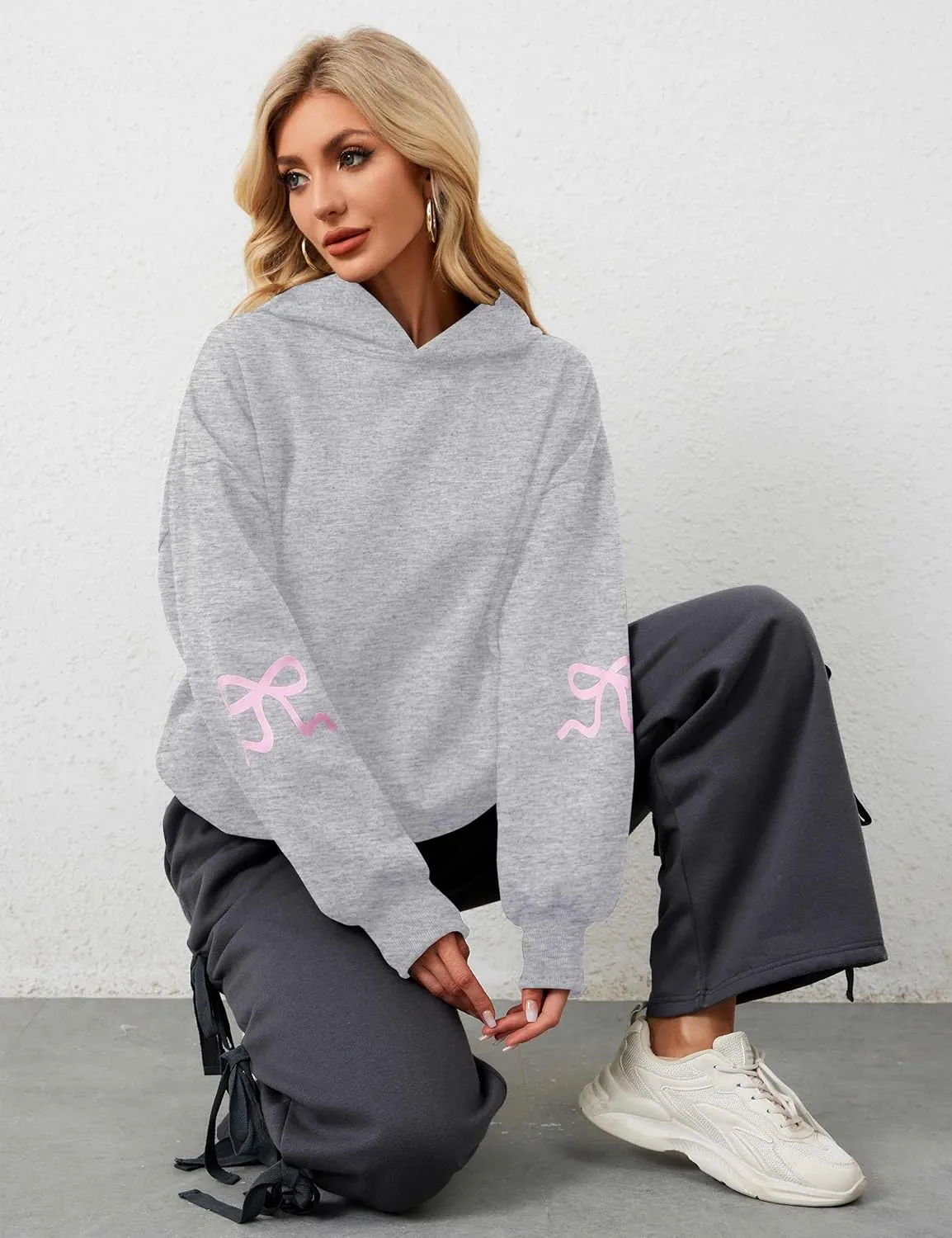 Livtany Women's Bow Trim Print Fleeced Hoodies Oversized Long Sleeve Hooded Sweatshirts Graphic Drop Shoulder Pullover Top