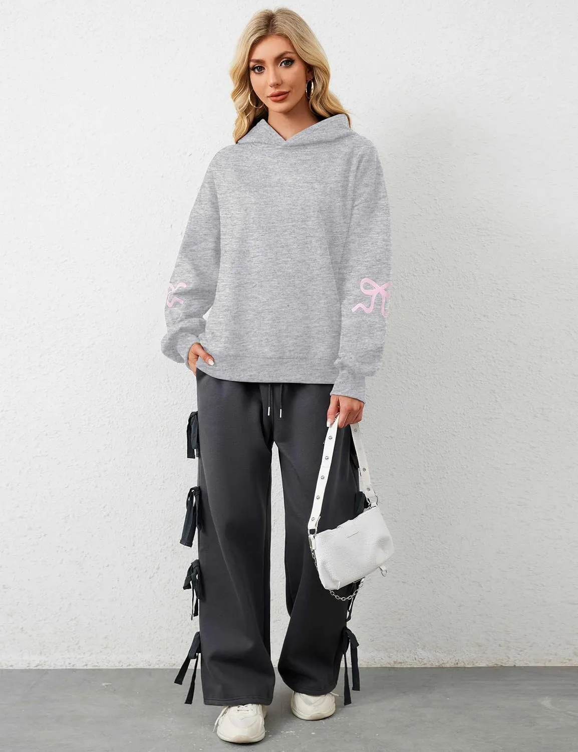 Livtany Women's Bow Trim Print Fleeced Hoodies Oversized Long Sleeve Hooded Sweatshirts Graphic Drop Shoulder Pullover Top