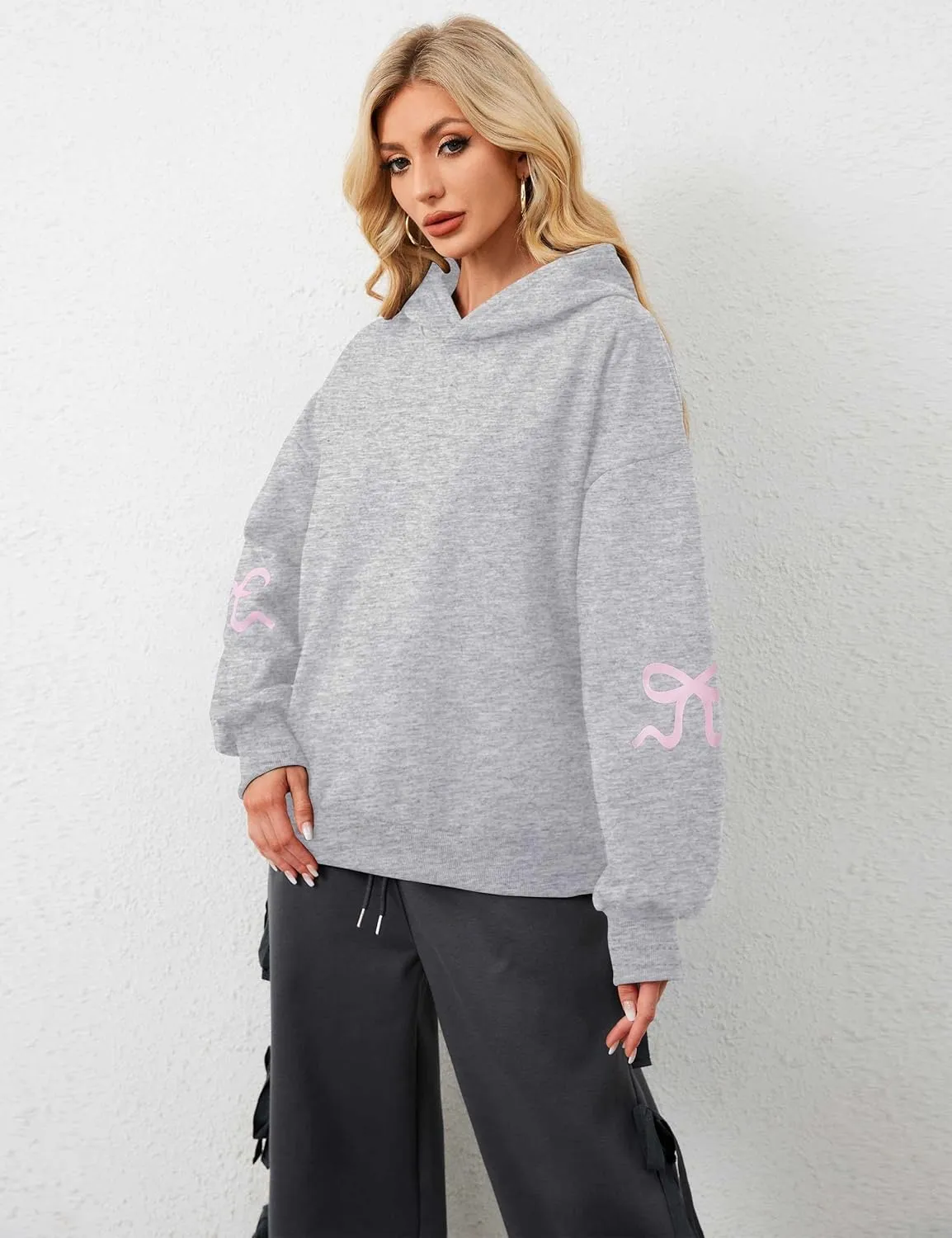 Livtany Women's Bow Trim Print Fleeced Hoodies Oversized Long Sleeve Hooded Sweatshirts Graphic Drop Shoulder Pullover Top