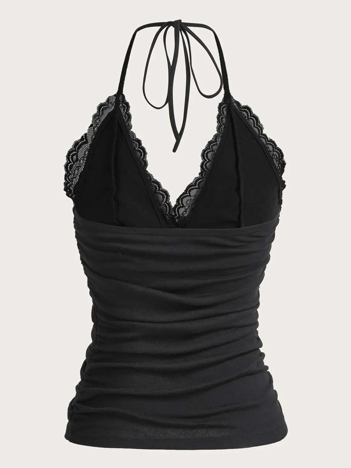 LOFAAC Women Sexy Y2K V Neck Lace Patchwork Halter Tank Top Cute Slim Sleeveless Ruched Lace Trim Going Out Cami Shirt