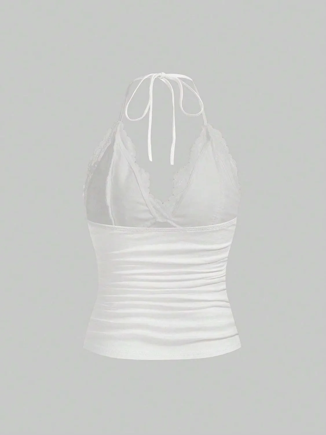 LOFAAC Women Sexy Y2K V Neck Lace Patchwork Halter Tank Top Cute Slim Sleeveless Ruched Lace Trim Going Out Cami Shirt
