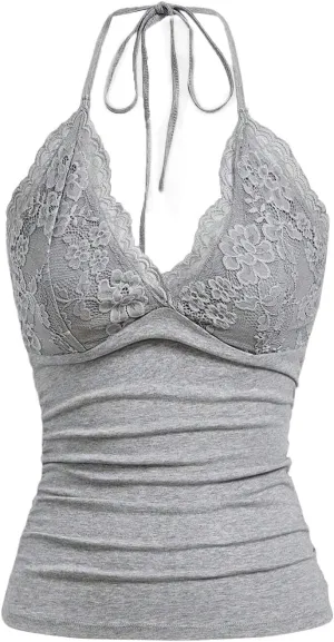 LOFAAC Women Sexy Y2K V Neck Lace Patchwork Halter Tank Top Cute Slim Sleeveless Ruched Lace Trim Going Out Cami Shirt