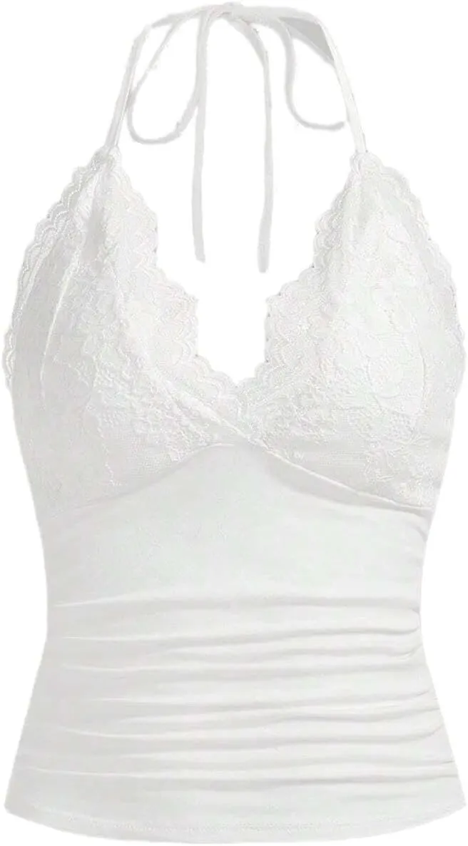LOFAAC Women Sexy Y2K V Neck Lace Patchwork Halter Tank Top Cute Slim Sleeveless Ruched Lace Trim Going Out Cami Shirt