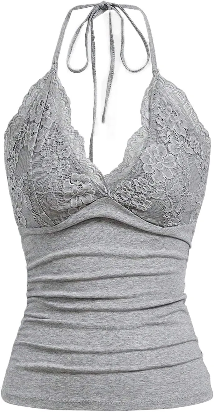 LOFAAC Women Sexy Y2K V Neck Lace Patchwork Halter Tank Top Cute Slim Sleeveless Ruched Lace Trim Going Out Cami Shirt
