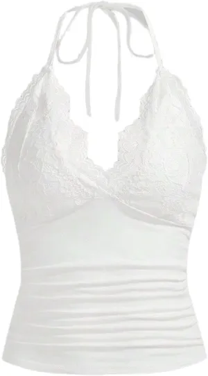 LOFAAC Women Sexy Y2K V Neck Lace Patchwork Halter Tank Top Cute Slim Sleeveless Ruched Lace Trim Going Out Cami Shirt