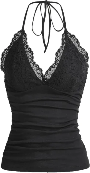 LOFAAC Women Sexy Y2K V Neck Lace Patchwork Halter Tank Top Cute Slim Sleeveless Ruched Lace Trim Going Out Cami Shirt