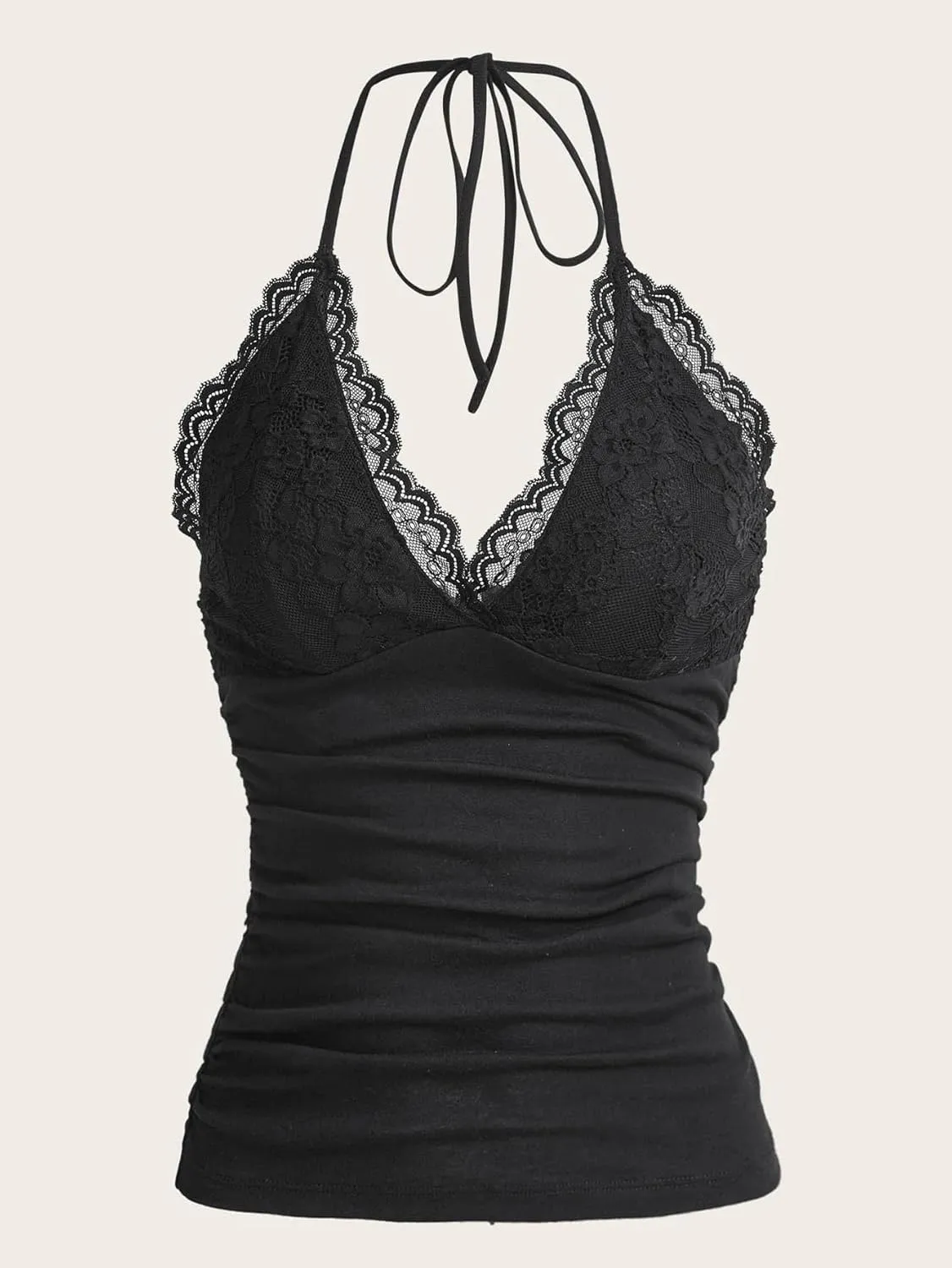 LOFAAC Women Sexy Y2K V Neck Lace Patchwork Halter Tank Top Cute Slim Sleeveless Ruched Lace Trim Going Out Cami Shirt