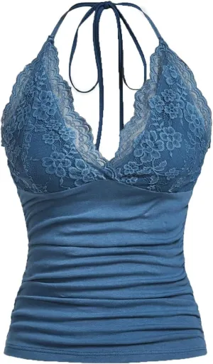 LOFAAC Women Sexy Y2K V Neck Lace Patchwork Halter Tank Top Cute Slim Sleeveless Ruched Lace Trim Going Out Cami Shirt