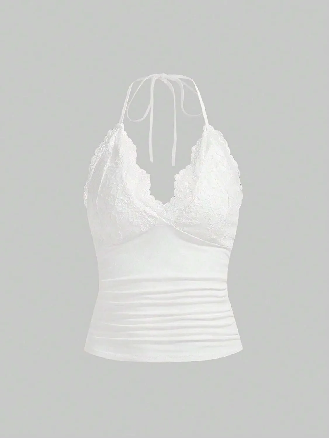 LOFAAC Women Sexy Y2K V Neck Lace Patchwork Halter Tank Top Cute Slim Sleeveless Ruched Lace Trim Going Out Cami Shirt