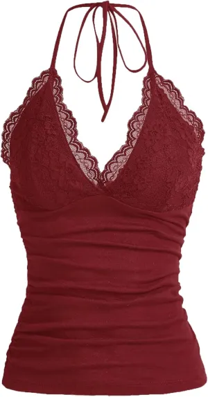 LOFAAC Women Sexy Y2K V Neck Lace Patchwork Halter Tank Top Cute Slim Sleeveless Ruched Lace Trim Going Out Cami Shirt