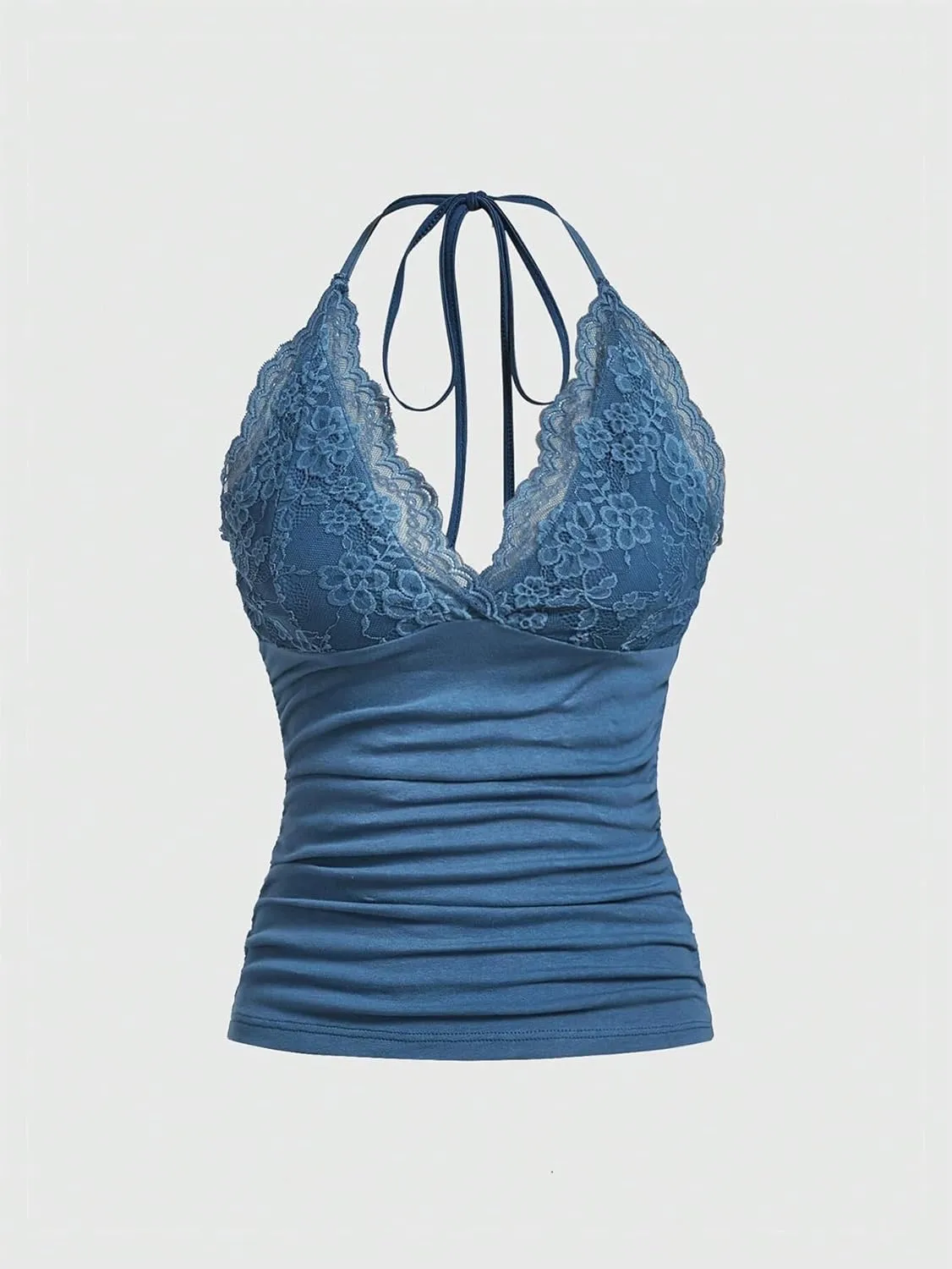 LOFAAC Women Sexy Y2K V Neck Lace Patchwork Halter Tank Top Cute Slim Sleeveless Ruched Lace Trim Going Out Cami Shirt