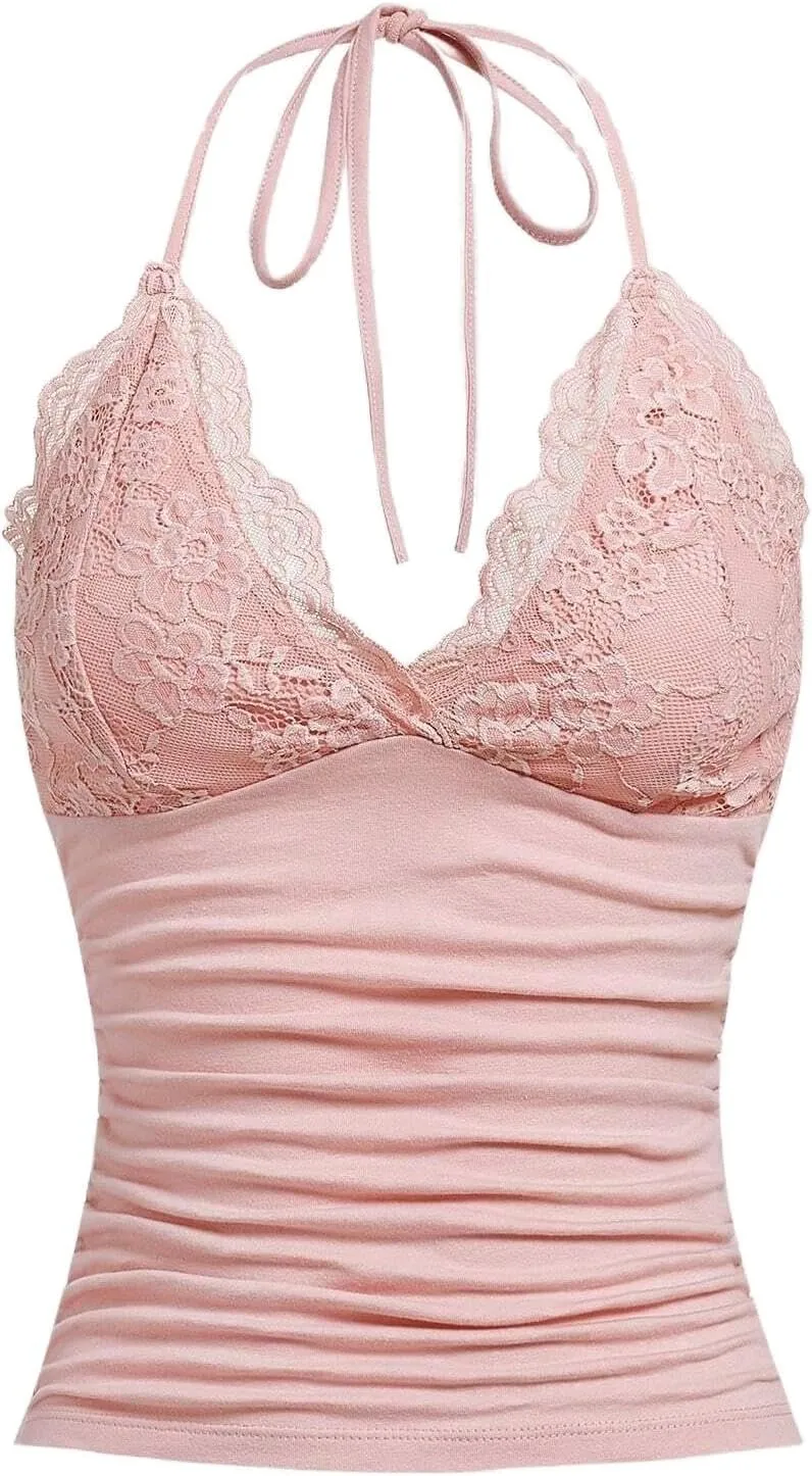 LOFAAC Women Sexy Y2K V Neck Lace Patchwork Halter Tank Top Cute Slim Sleeveless Ruched Lace Trim Going Out Cami Shirt