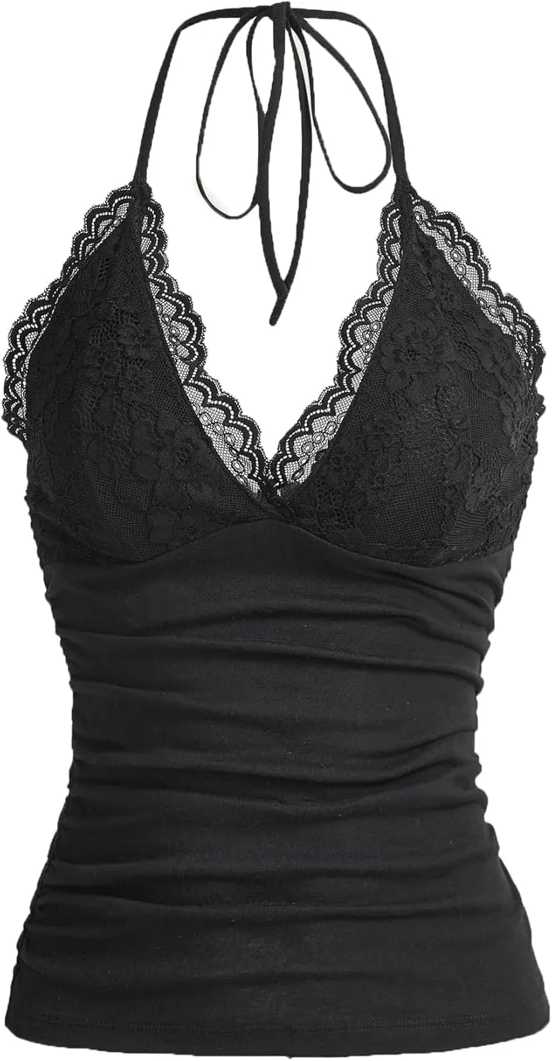 LOFAAC Women Sexy Y2K V Neck Lace Patchwork Halter Tank Top Cute Slim Sleeveless Ruched Lace Trim Going Out Cami Shirt