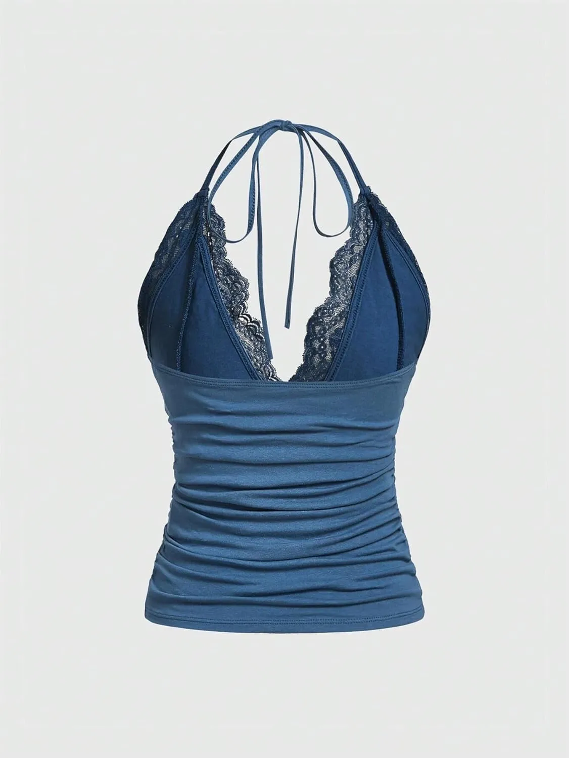 LOFAAC Women Sexy Y2K V Neck Lace Patchwork Halter Tank Top Cute Slim Sleeveless Ruched Lace Trim Going Out Cami Shirt