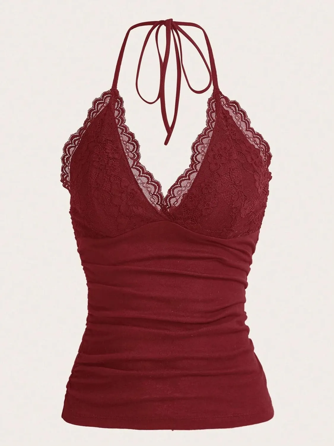 LOFAAC Women Sexy Y2K V Neck Lace Patchwork Halter Tank Top Cute Slim Sleeveless Ruched Lace Trim Going Out Cami Shirt