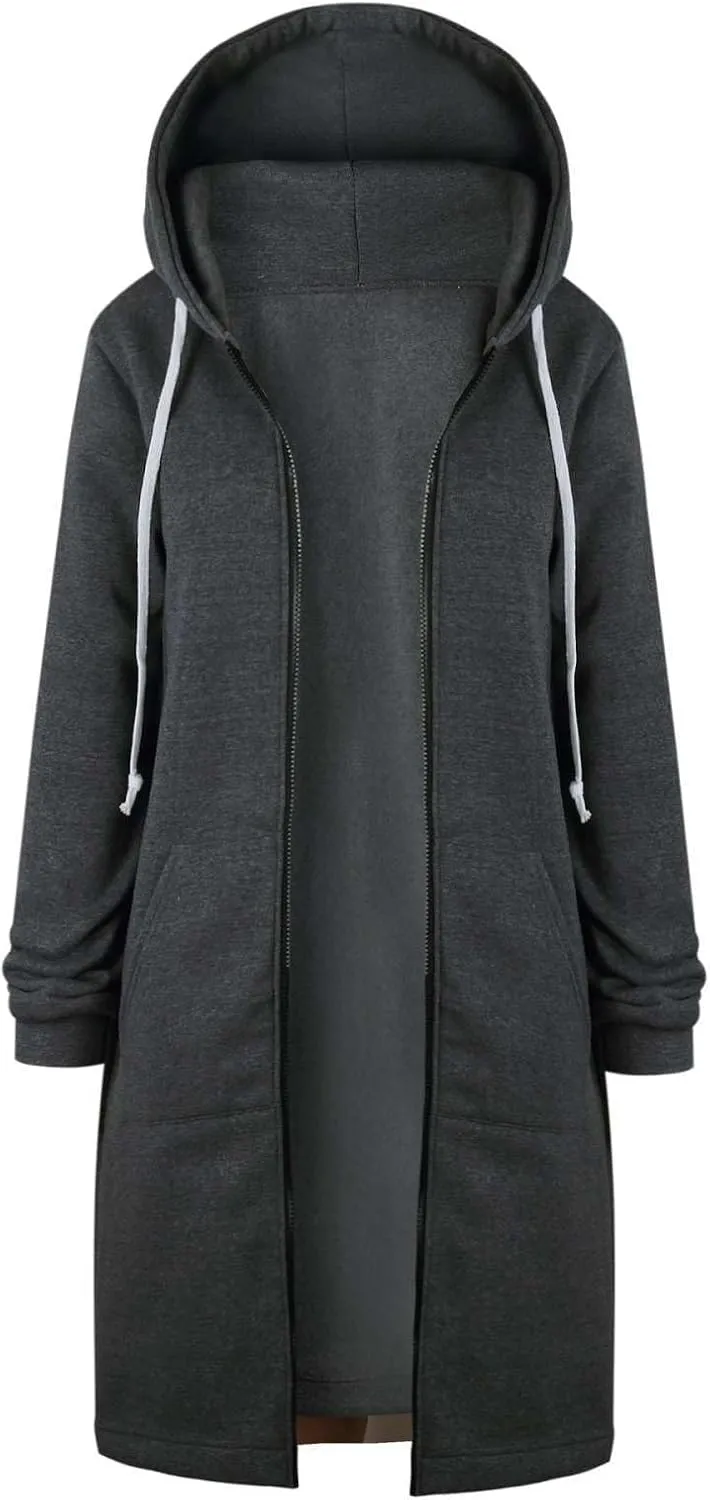 Long Full Zip Hoodies Women Oversized Warm Sweatshirts Y2K Fleece Jacket Fashion Long Sleeve Clothes Pockets