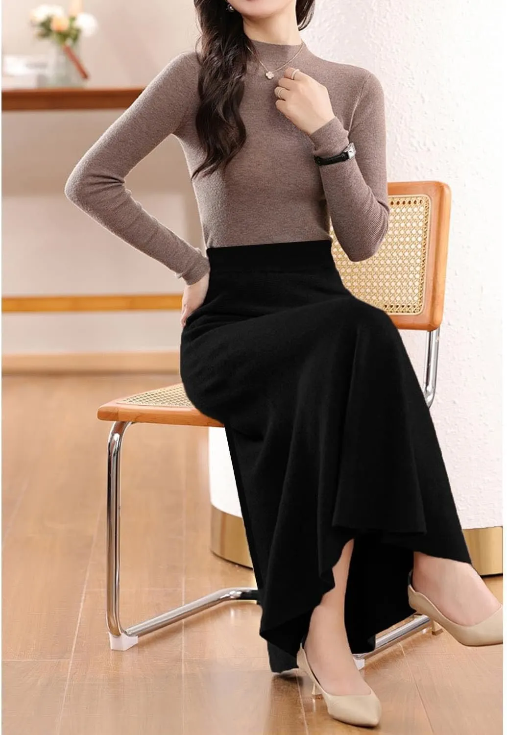 Long Skirt Women's Autumn Winter 100% Merino Wool Thick Knit Skirt Ribbed Elastic Pleated Fishtail Skirts
