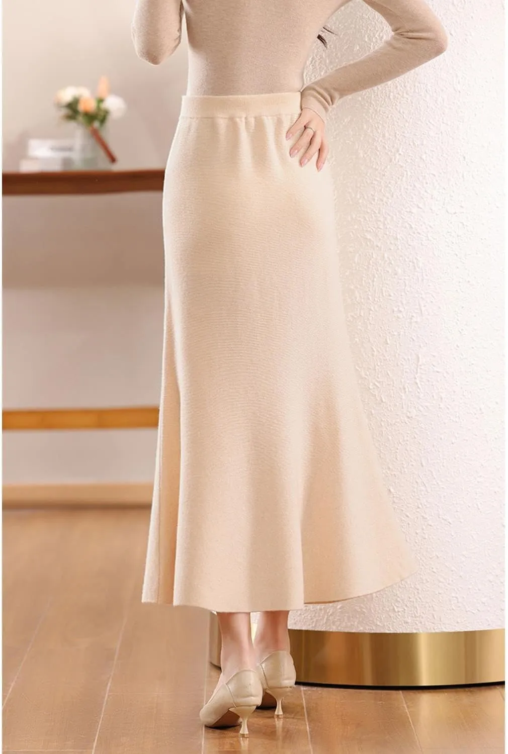 Long Skirt Women's Autumn Winter 100% Merino Wool Thick Knit Skirt Ribbed Elastic Pleated Fishtail Skirts