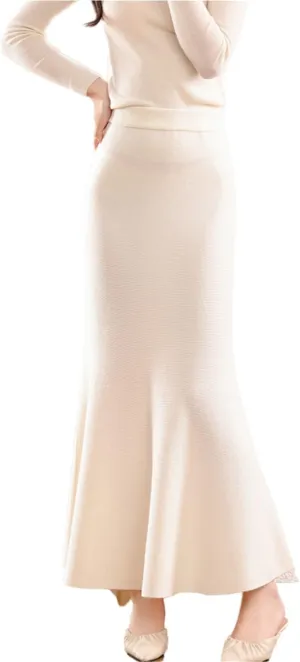 Long Skirt Women's Autumn Winter 100% Merino Wool Thick Knit Skirt Ribbed Elastic Pleated Fishtail Skirts