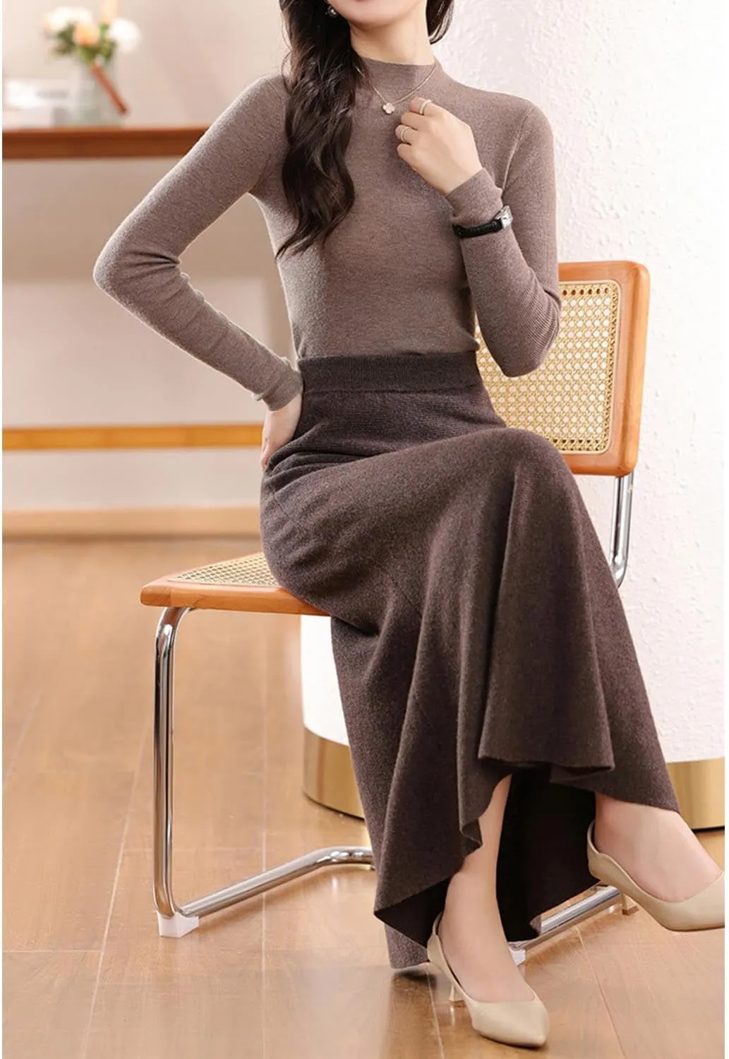 Long Skirt Women's Autumn Winter 100% Merino Wool Thick Knit Skirt Ribbed Elastic Pleated Fishtail Skirts