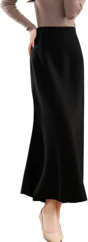 Long Skirt Women's Autumn Winter 100% Merino Wool Thick Knit Skirt Ribbed Elastic Pleated Fishtail Skirts