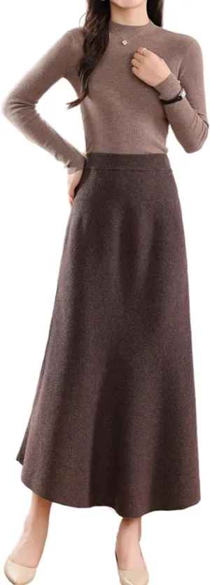 Long Skirt Women's Autumn Winter 100% Merino Wool Thick Knit Skirt Ribbed Elastic Pleated Fishtail Skirts