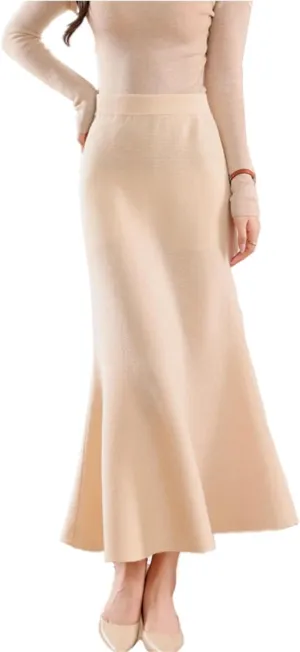 Long Skirt Women's Autumn Winter 100% Merino Wool Thick Knit Skirt Ribbed Elastic Pleated Fishtail Skirts