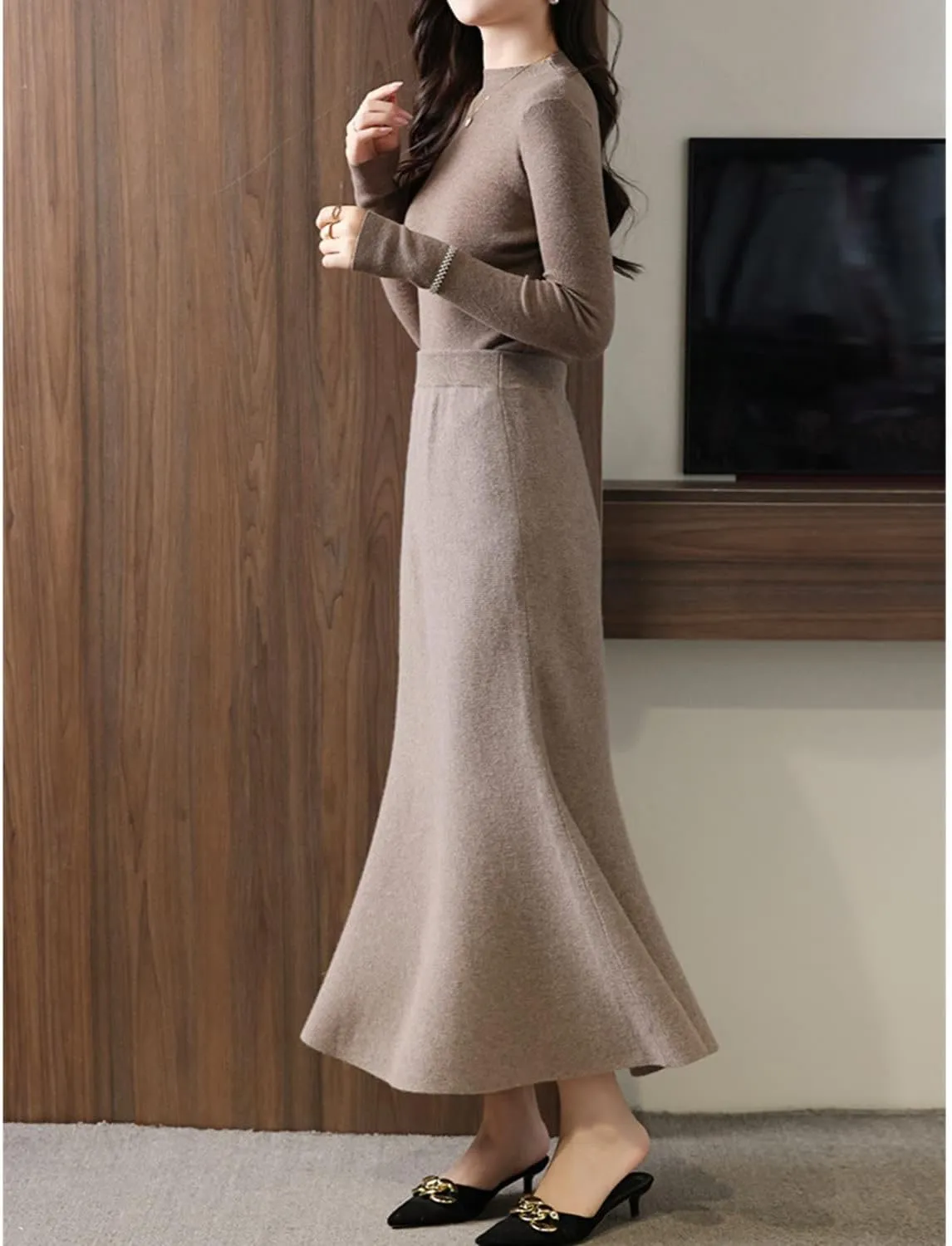Long Skirt Women's Autumn Winter 100% Merino Wool Thick Knit Skirt Ribbed Elastic Pleated Fishtail Skirts