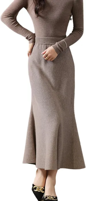 Long Skirt Women's Autumn Winter 100% Merino Wool Thick Knit Skirt Ribbed Elastic Pleated Fishtail Skirts
