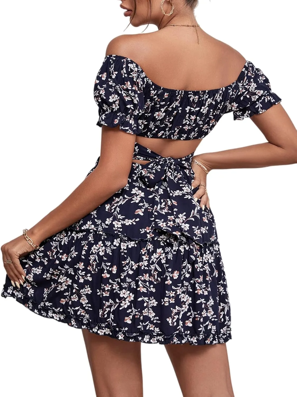 LYANER Women's 2 Piece Outfits Floral Off Shoulder Tie Up Crop Top and Mini Skirt Set