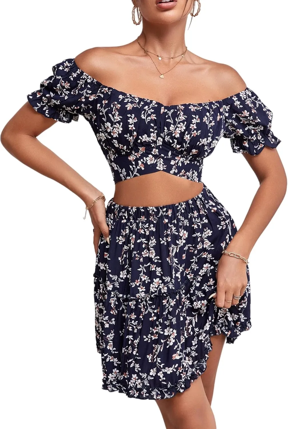 LYANER Women's 2 Piece Outfits Floral Off Shoulder Tie Up Crop Top and Mini Skirt Set
