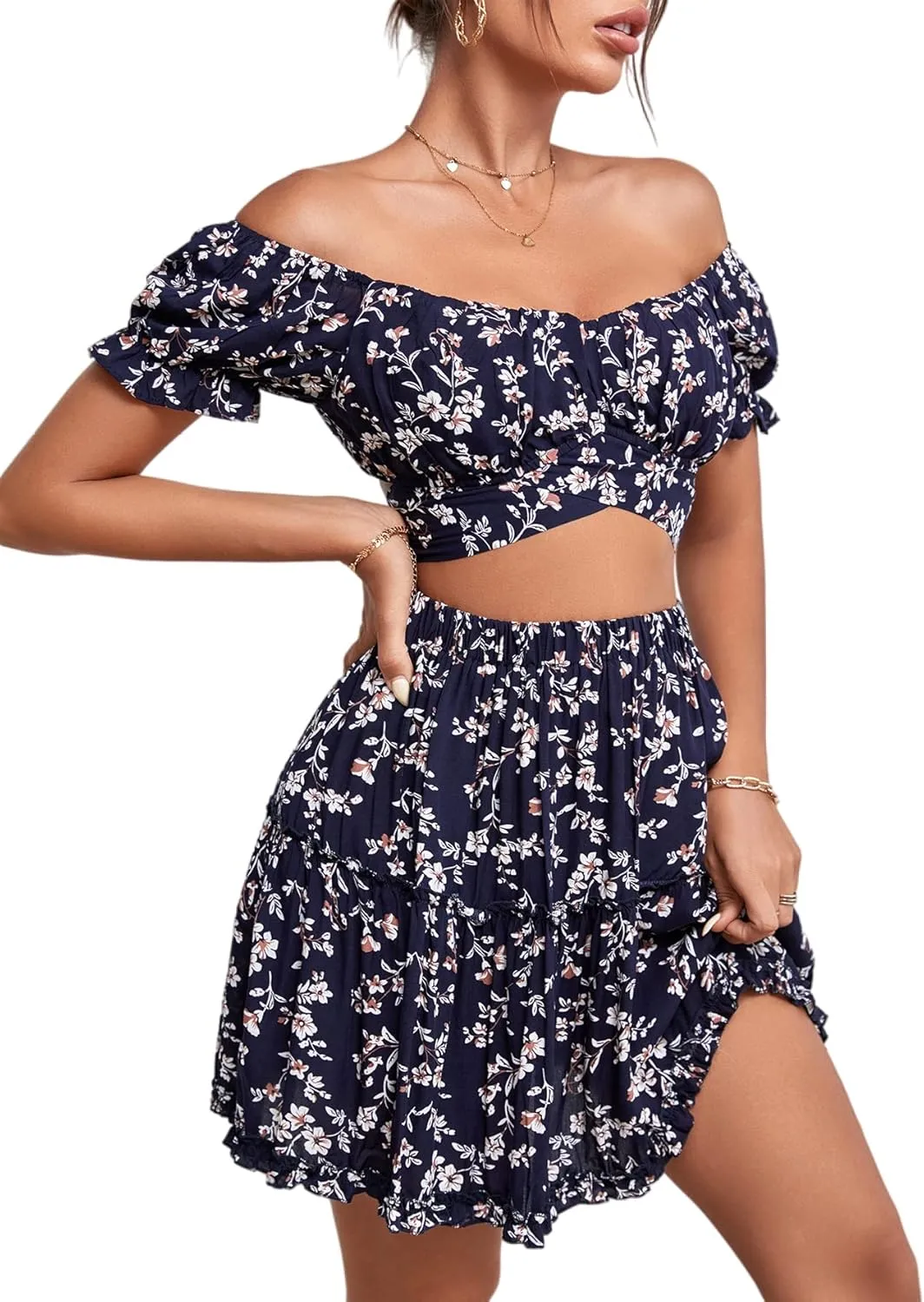 LYANER Women's 2 Piece Outfits Floral Off Shoulder Tie Up Crop Top and Mini Skirt Set